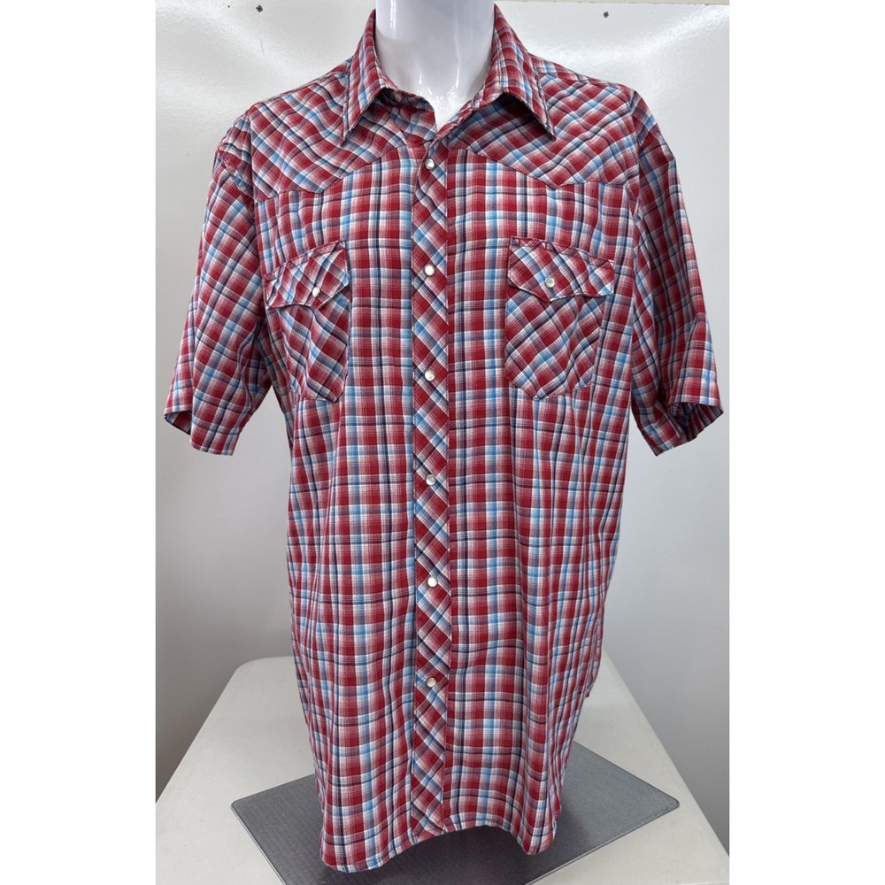 Wrangler Wrancher Western Shirt Mens XL Red Blue Plaid Pearl Snap Short Sleeve
